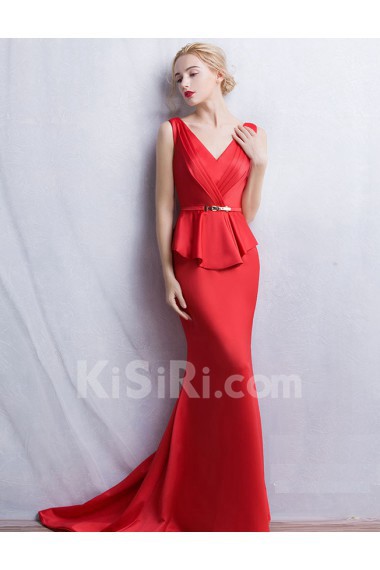 Satin V-neck Sweep Train Sleeveless Mermaid Dress with Sash