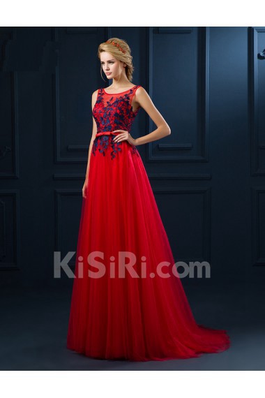 Tulle, Lace Scoop Sweep Train Sleeveless A-line Dress with Bow