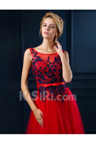 Tulle, Lace Scoop Sweep Train Sleeveless A-line Dress with Bow