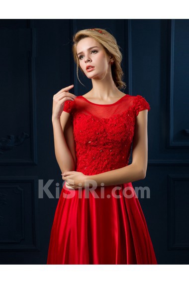 Tulle, Lace Jewel Floor Length Cap Sleeve A-line Dress with Bead