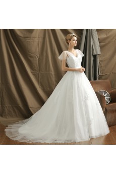 Organza V-neck Chapel Train Cap Sleeve Ball Gown Dress with Flower, Beads