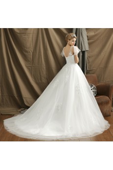 Organza V-neck Chapel Train Cap Sleeve Ball Gown Dress with Flower, Beads