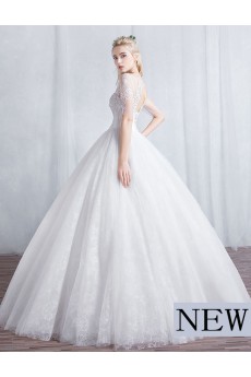 Tulle, Lace Scoop Floor Length Short Sleeve Ball Gown Dress with Beads