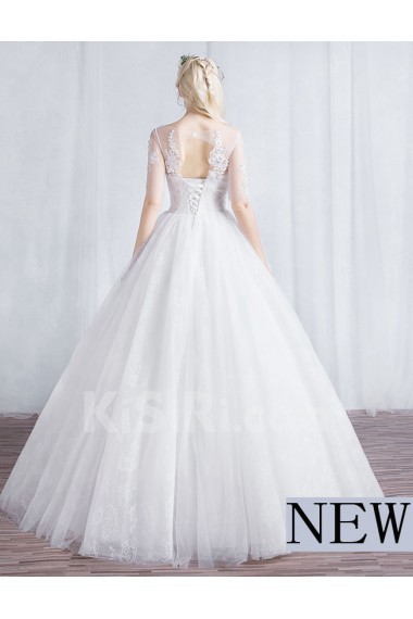 Tulle, Lace Scoop Floor Length Short Sleeve Ball Gown Dress with Beads