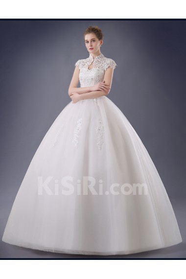 Organza, Lace High Collar Floor Length Cap Sleeve Ball Gown Dress with Rhinestone