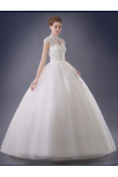 Organza, Lace High Collar Floor Length Cap Sleeve Ball Gown Dress with Rhinestone