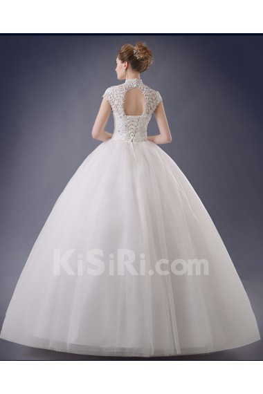 Organza, Lace High Collar Floor Length Cap Sleeve Ball Gown Dress with Rhinestone