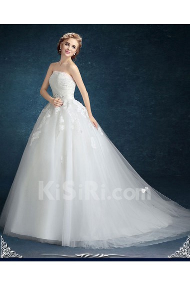 Chiffon, Tulle Strapless Sweep Train Sleeveless Ball Gown Dress with Lace, Sash