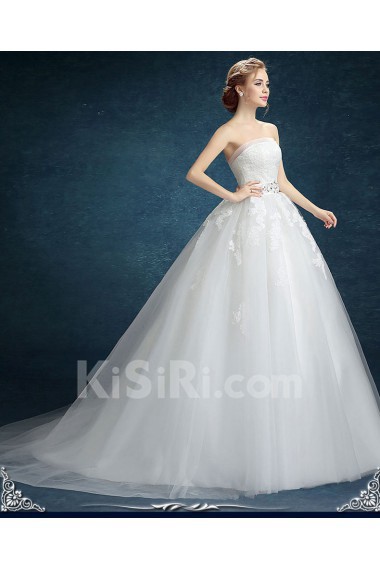 Chiffon, Tulle Strapless Sweep Train Sleeveless Ball Gown Dress with Lace, Sash