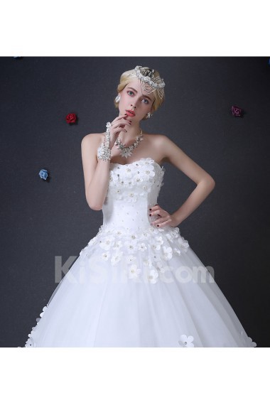 Tulle Sweetheart Floor Length Sleeveless Ball Gown Dress with Handmade Flowers, Pearl