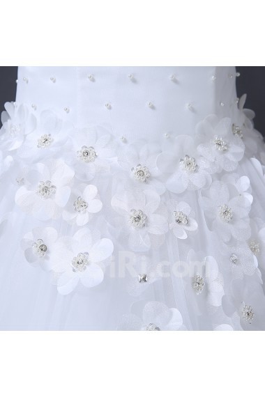 Tulle Sweetheart Floor Length Sleeveless Ball Gown Dress with Handmade Flowers, Pearl