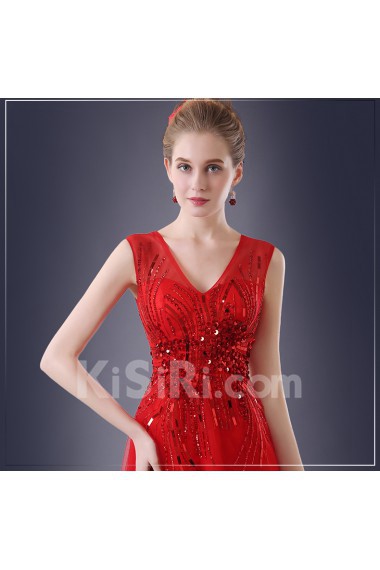 Chiffon V-neck Sweep Train Sleeveless A-line Dress with Sequins, Beads