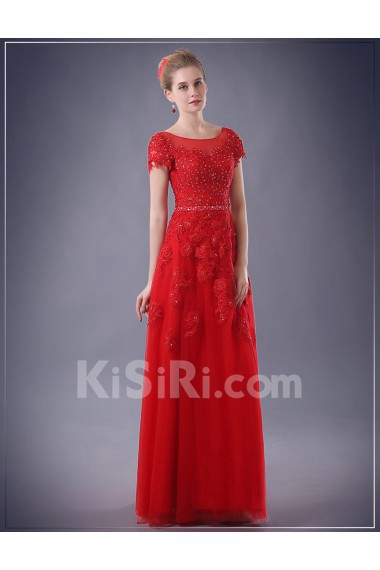 Chiffon Scoop Floor Length Short Sleeve Sheath Dress with Sequins, Lace