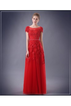 Chiffon Scoop Floor Length Short Sleeve Sheath Dress with Sequins, Lace