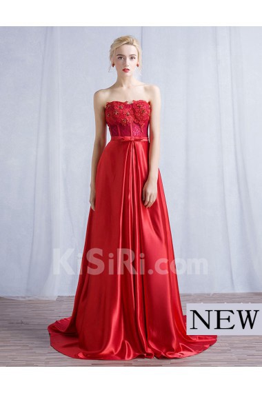 Satin, Lace Sweetheart Sweep Train Sleeveless A-line Dress with Bow, Rhinestone