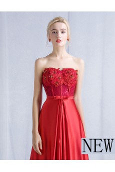 Satin, Lace Sweetheart Sweep Train Sleeveless A-line Dress with Bow, Rhinestone