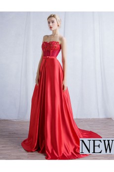 Satin, Lace Sweetheart Sweep Train Sleeveless A-line Dress with Bow, Rhinestone