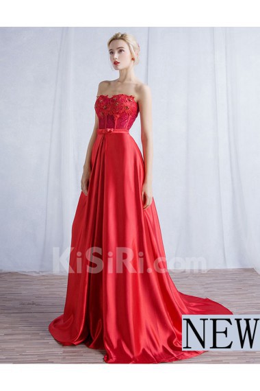 Satin, Lace Sweetheart Sweep Train Sleeveless A-line Dress with Bow, Rhinestone