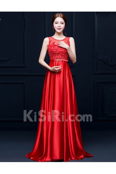 Taffeta Scoop Sweep Train Sleeveless A-line Dress with Sash