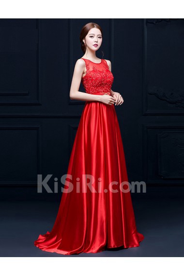 Taffeta Scoop Sweep Train Sleeveless A-line Dress with Sash