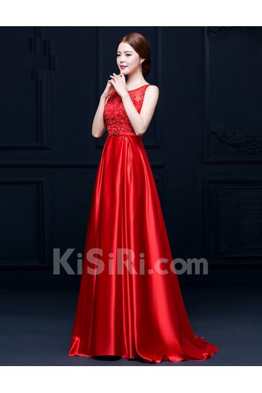 Taffeta Scoop Sweep Train Sleeveless A-line Dress with Sash