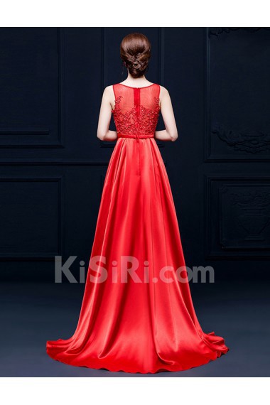 Taffeta Scoop Sweep Train Sleeveless A-line Dress with Sash