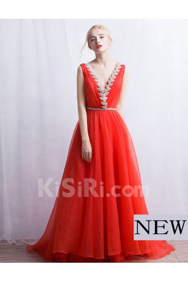 Tulle V-neck Floor Length Sleeveless A-line Dress with Rhinestone