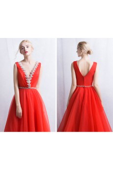 Tulle V-neck Floor Length Sleeveless A-line Dress with Rhinestone