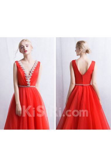 Tulle V-neck Floor Length Sleeveless A-line Dress with Rhinestone