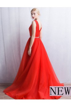 Tulle V-neck Floor Length Sleeveless A-line Dress with Rhinestone