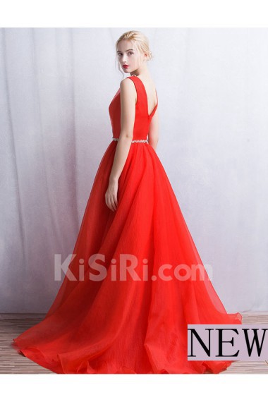 Tulle V-neck Floor Length Sleeveless A-line Dress with Rhinestone