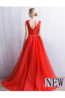 Tulle V-neck Floor Length Sleeveless A-line Dress with Rhinestone