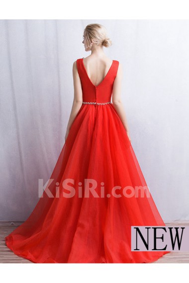 Tulle V-neck Floor Length Sleeveless A-line Dress with Rhinestone