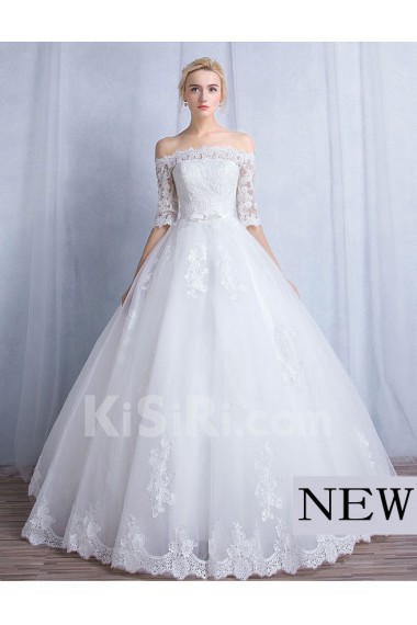 Tulle, Lace Off-the-Shoulder Floor Length Half Sleeve Ball Gown Dress with Bow