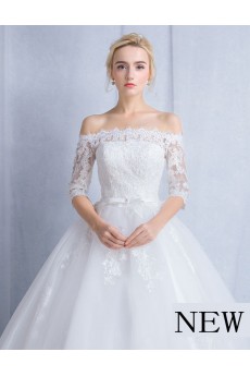 Tulle, Lace Off-the-Shoulder Floor Length Half Sleeve Ball Gown Dress with Bow