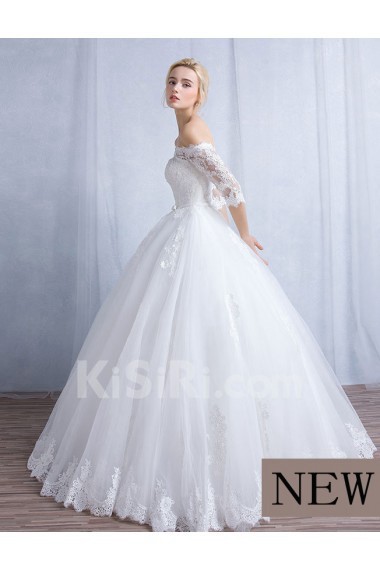 Tulle, Lace Off-the-Shoulder Floor Length Half Sleeve Ball Gown Dress with Bow