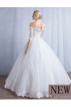 Tulle, Lace Off-the-Shoulder Floor Length Half Sleeve Ball Gown Dress with Bow