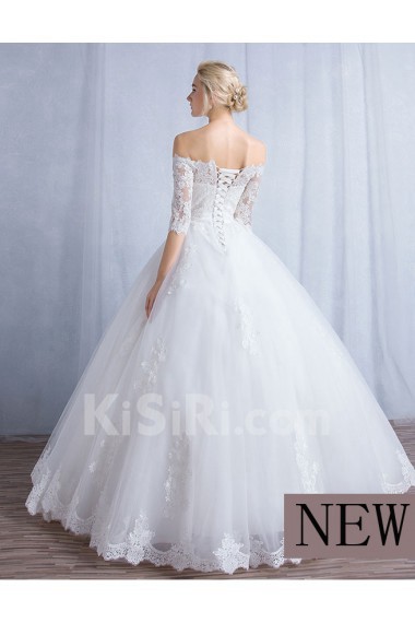 Tulle, Lace Off-the-Shoulder Floor Length Half Sleeve Ball Gown Dress with Bow