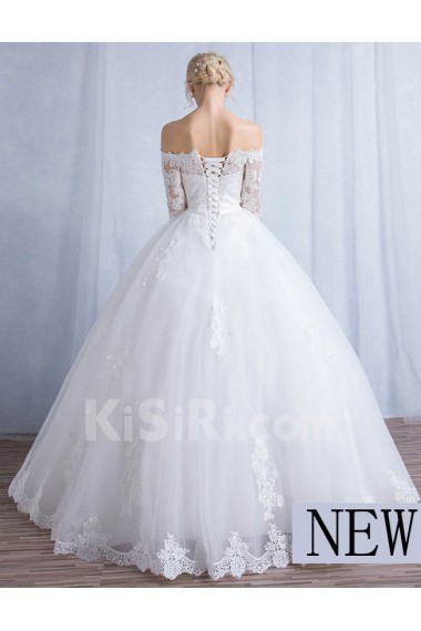 Tulle, Lace Off-the-Shoulder Floor Length Half Sleeve Ball Gown Dress with Bow