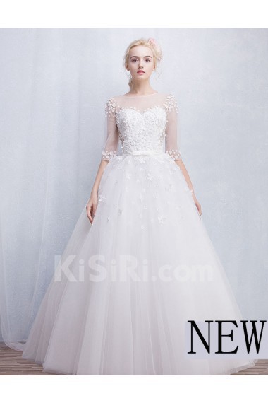 Tulle, Lace Jewel Floor Length Half Sleeve Ball Gown Dress with Bow, Sash