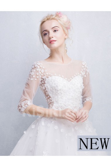 Tulle, Lace Jewel Floor Length Half Sleeve Ball Gown Dress with Bow, Sash