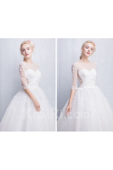 Tulle, Lace Jewel Floor Length Half Sleeve Ball Gown Dress with Bow, Sash