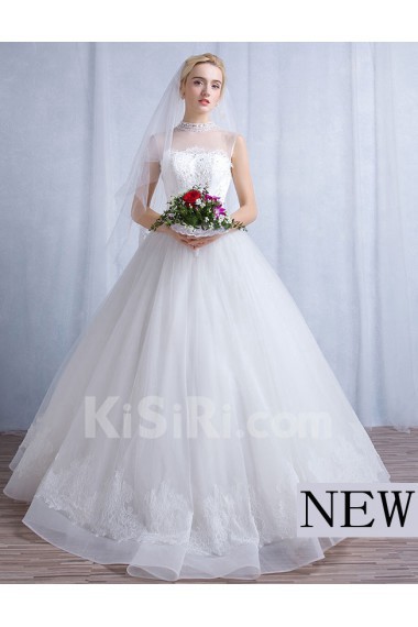 Tulle, Lace High Collar Floor Length Sleeveless Ball Gown Dress with Sequins