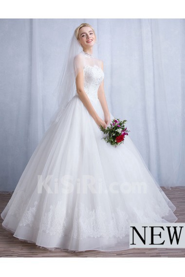 Tulle, Lace High Collar Floor Length Sleeveless Ball Gown Dress with Sequins