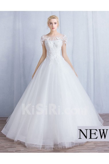 Tulle, Lace Scoop Floor Length Short Sleeve Ball Gown Dress with Applique