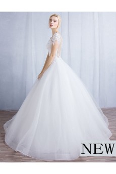 Tulle, Lace Scoop Floor Length Short Sleeve Ball Gown Dress with Applique