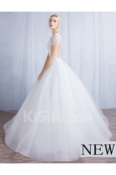 Tulle, Lace Scoop Floor Length Short Sleeve Ball Gown Dress with Applique