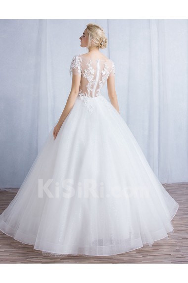 Tulle, Lace Scoop Floor Length Short Sleeve Ball Gown Dress with Applique