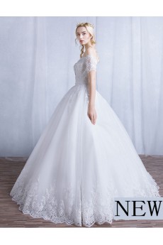 Tulle, Lace Off-the-Shoulder Floor Length Short Sleeve Ball Gown Dress with Sequins, Beads