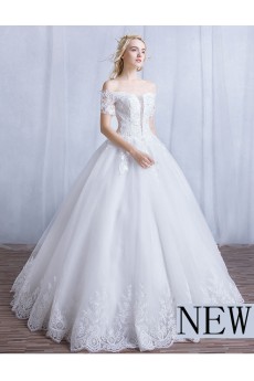 Tulle, Lace Off-the-Shoulder Floor Length Short Sleeve Ball Gown Dress with Sequins, Beads